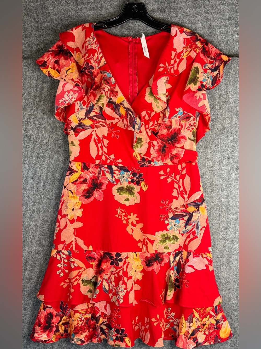 NY Collection Red Floral V-Neck Ruffle Midi Dress